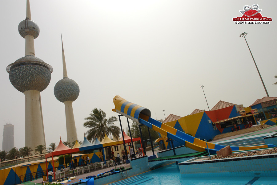 The landmark Kuwait Towers are adjacent to the water park