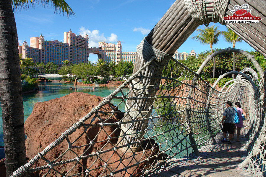 Rope bridge over a shark lagoon