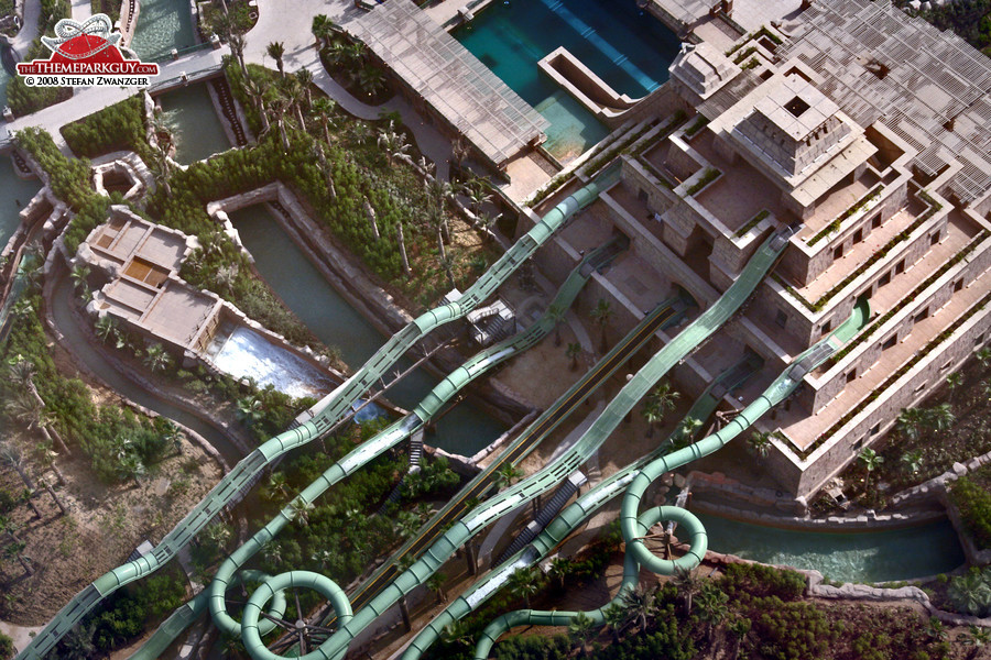 Coaster-shaped slides protruding from the tower