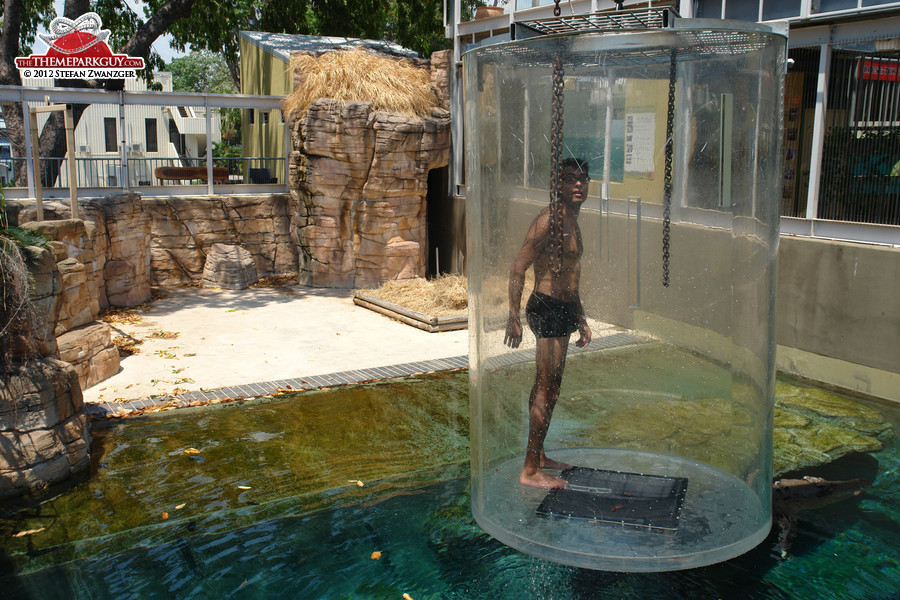 Visitor approaching croc pool