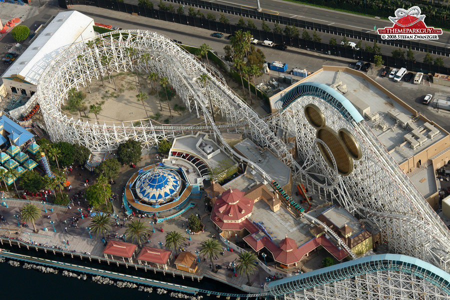 Paradise Pier roller coaster aerial