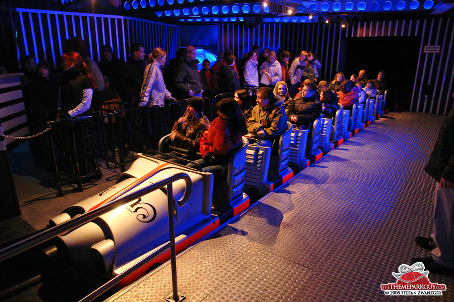 Space Mountain-inspired roller coaster in the dark