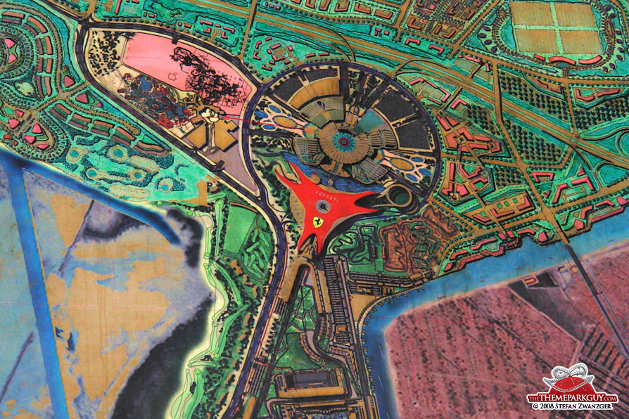 Red Ferrari World building in the middle, Warner Brothers Park and water park on the left