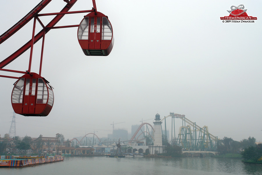 Ferris wheel with factory smog view