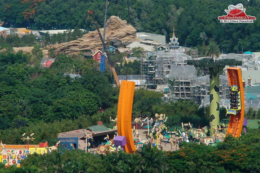 Toy Story coaster in the foreground, Mystic Manor and Grizzly Gulch still under construction