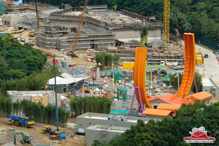 Mystic Manor dark ride at the back, Toy Story Land at the front