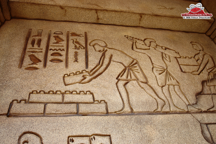 Engravings on the walls of an Egyptian-themed dark ride