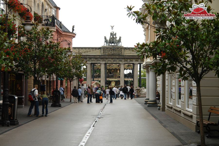 Main Street, with a copy of Berlin's Brandenburg Gate at its end