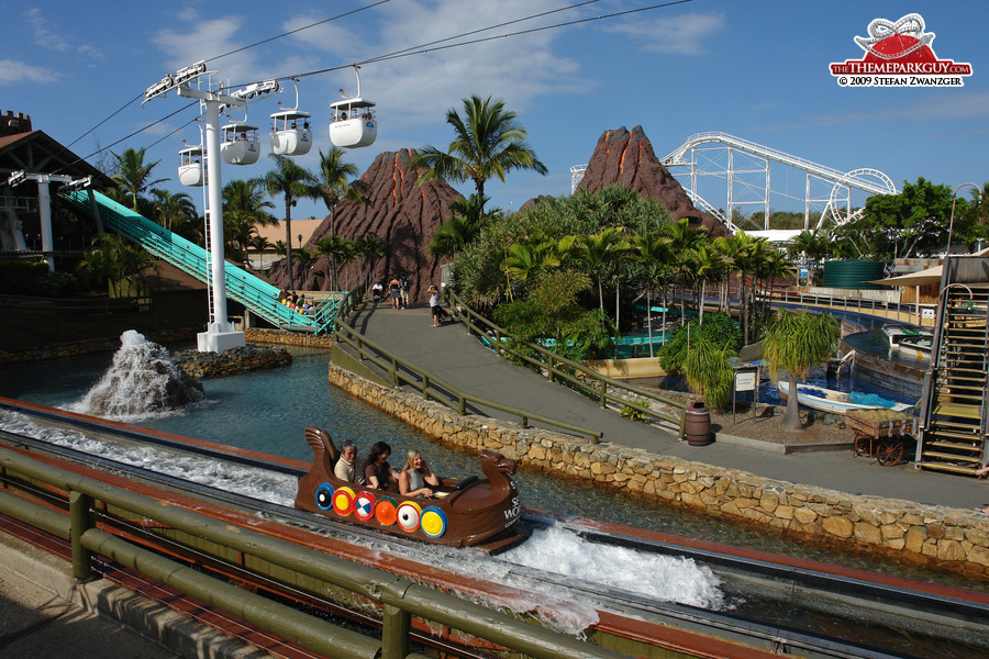 Flume ride, cable car, volcano, roller coaster