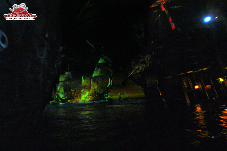 Props, water and projections thrown together at Pirates of the Caribbean