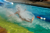 This one is surprised by the speed with which he hops over the short splash pool