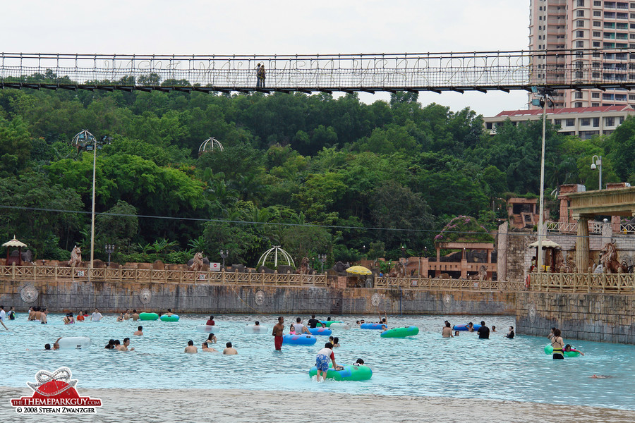 Giant suspension bridge over giant pool