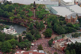 Splash Mountain flume ride on the left, Haunted Mansion ghost train on the right