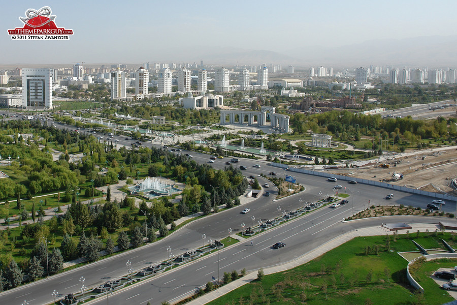 Asghabat, capital of Turkmenistan (Turkmenbashi's Land of Fairy Tales on the right)