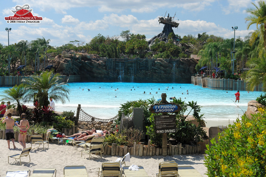 The massive wave pool with the iconic stranded boat in the background