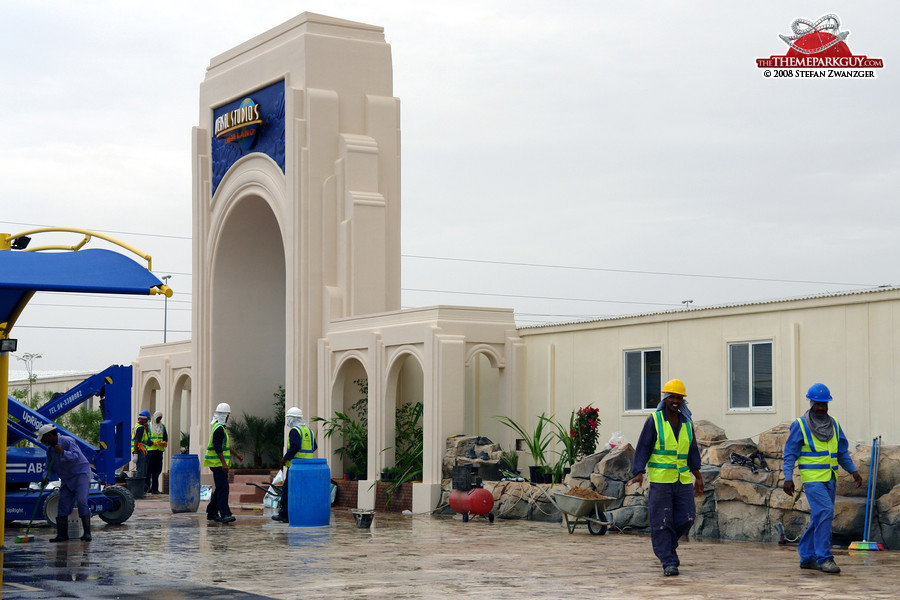 Workers at the Universal Studios Dubai site office