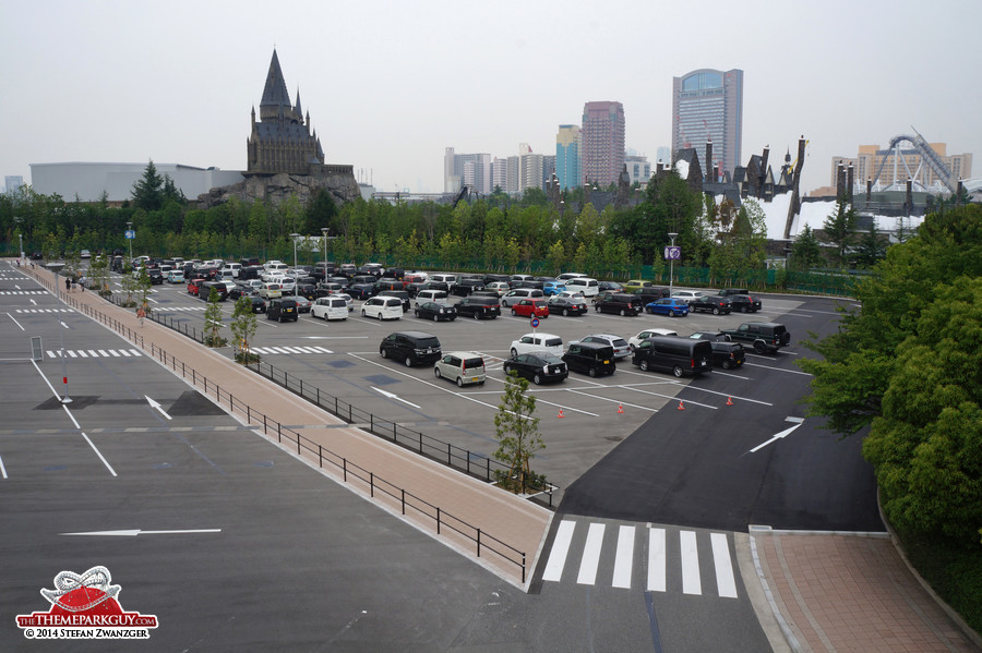 The Wizarding World of Harry Potter seen from the parking lot