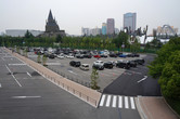 The Wizarding World of Harry Potter seen from the parking lot