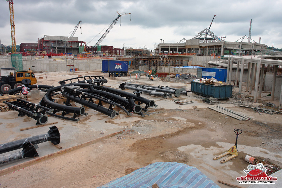 Mummy coaster tracks stored on the site of the future lake