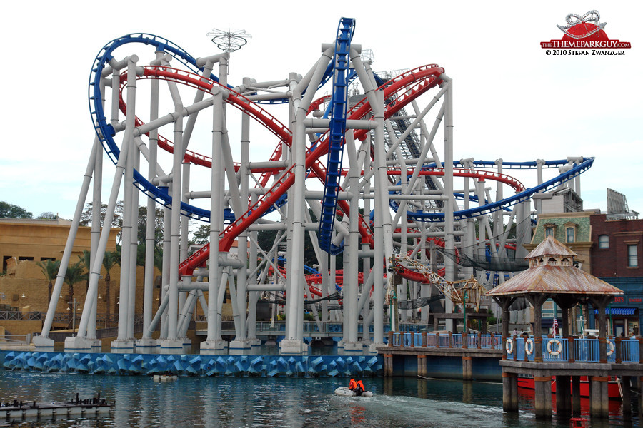 Battlestar Galactica dueling coaster seen from the lake