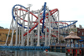 Battlestar Galactica dueling coaster seen from the lake