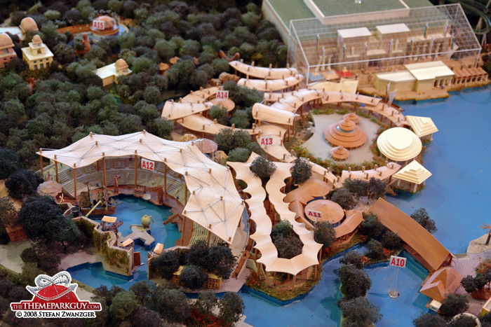 Model of the Waterworld show stadium and the adjacent Jurassic Park section