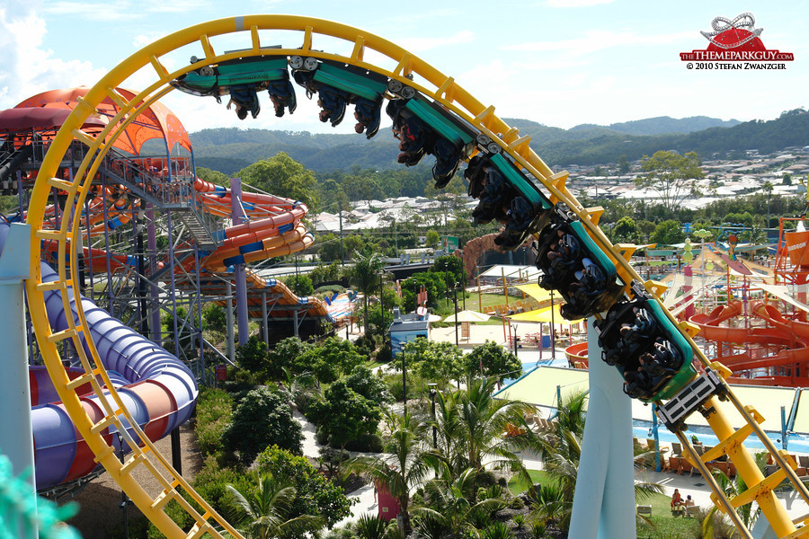 The Dreamworld coaster actually sneaks into the water park