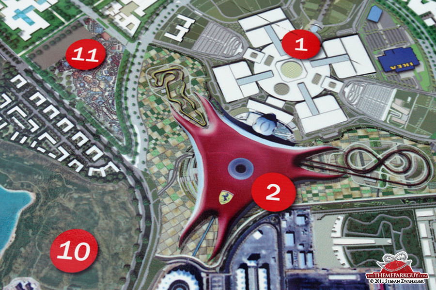 Yas Island map: (2) is Ferrari World, (11) Yas Island Water Park