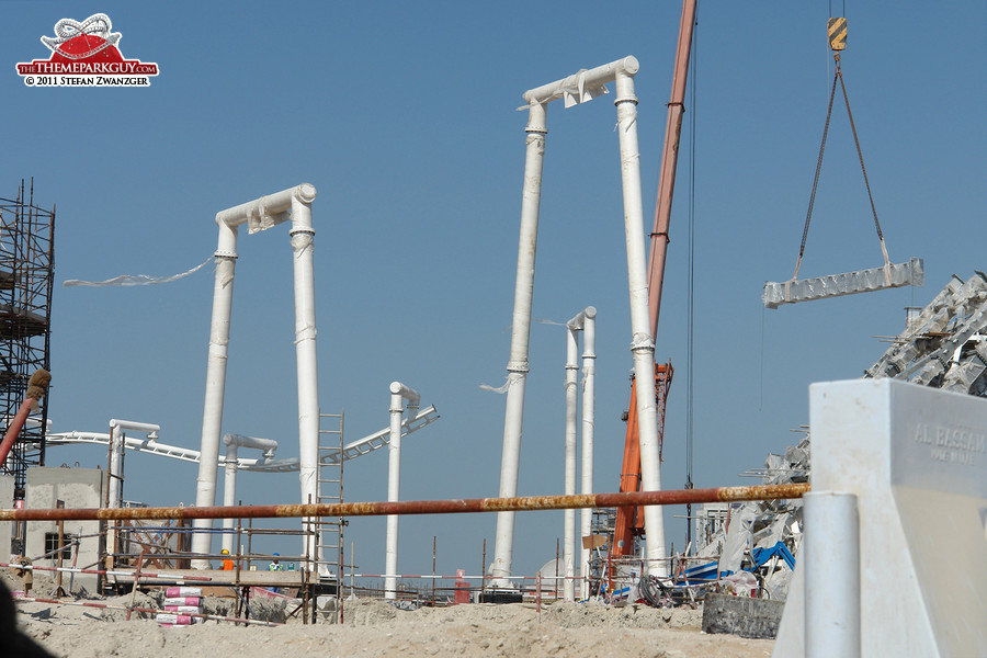 Suspended roller coaster under construction