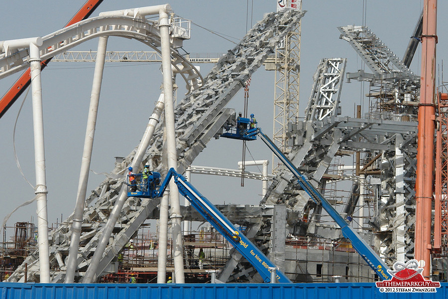 Coaster tracks and steel structures, seen from the outside