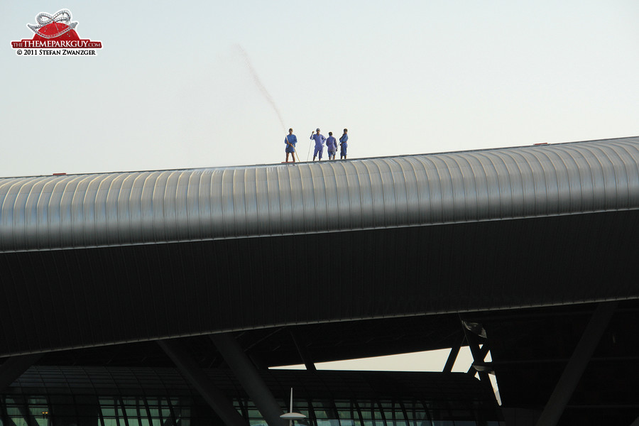 The cleaners on the Ferrari World roof enjoy the best view