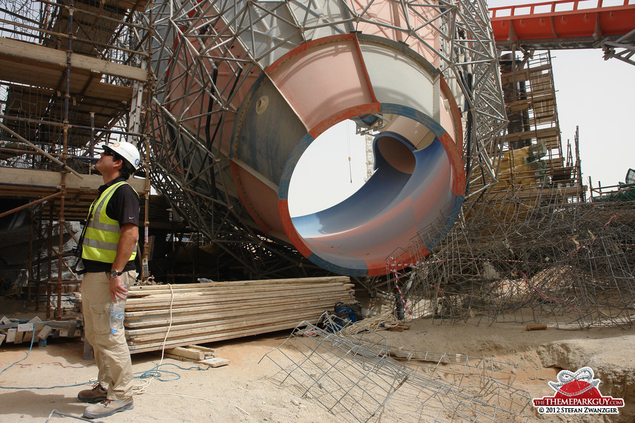 Design manager Mark Joyce inspecting a slide tower