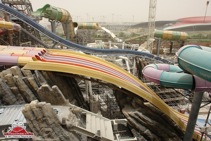 Freshly crafted rockwork among the slides, with Ferrari World in the background